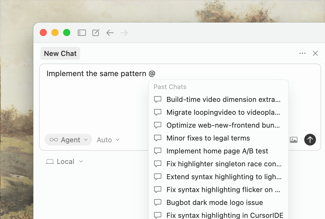 Cursor の AI Pane(サイドバーチャット)の会話履歴例
