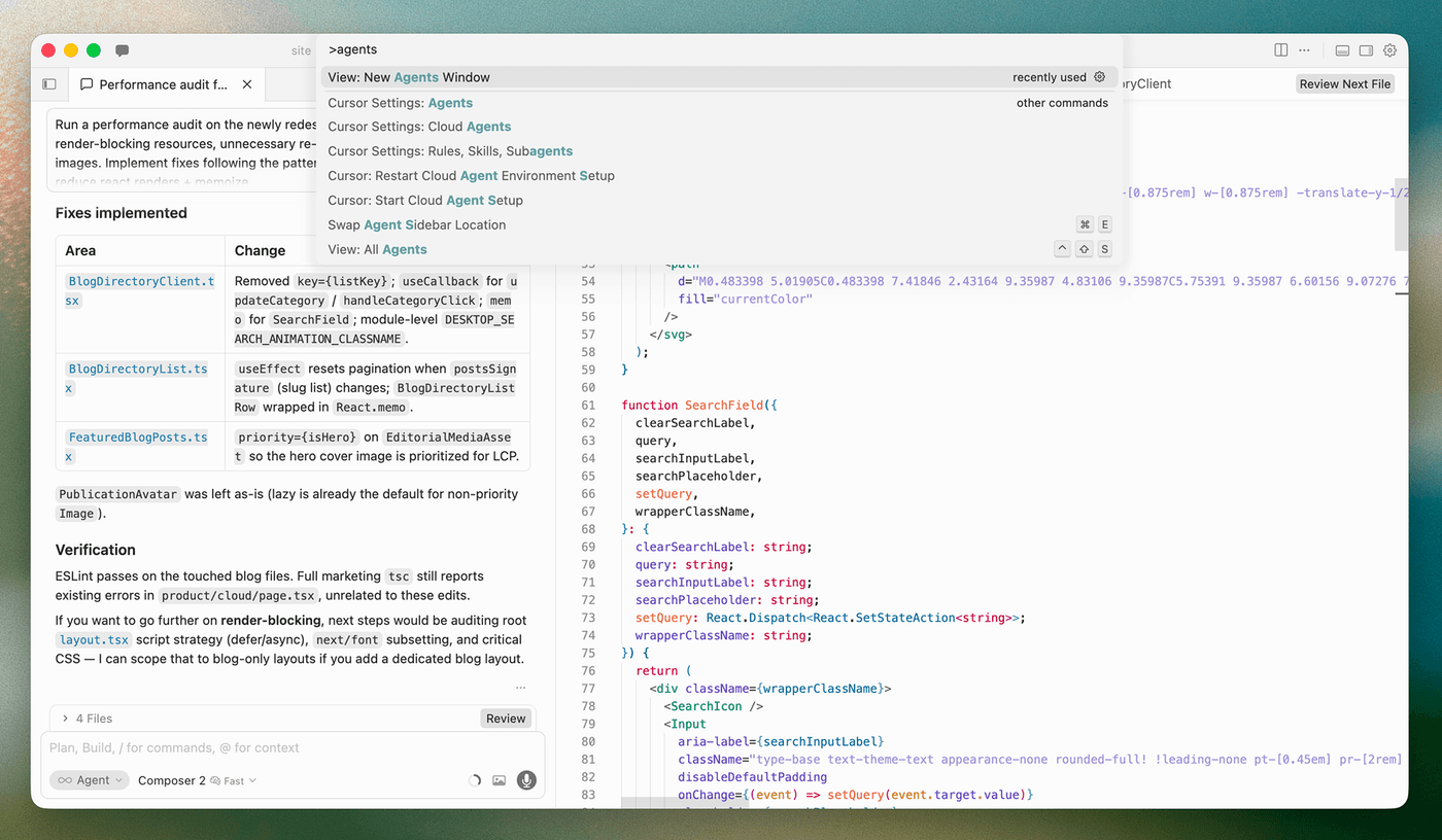 Cursor の画面全体（左サイドバー / 中央エディタ / 右 AI パネル / Agents Window）